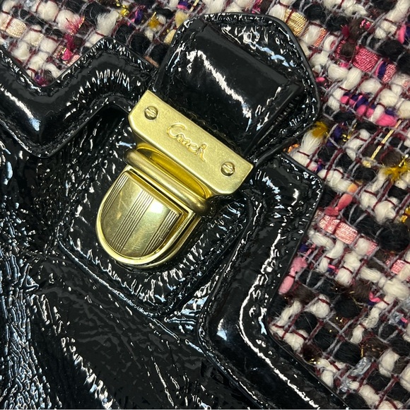 RARE COACH POPPY GALAXY TWEED TOTE PATENT LEATHER TRIM PUSHLOCK 2 TAGS & CHARM - Picture 13 of 15